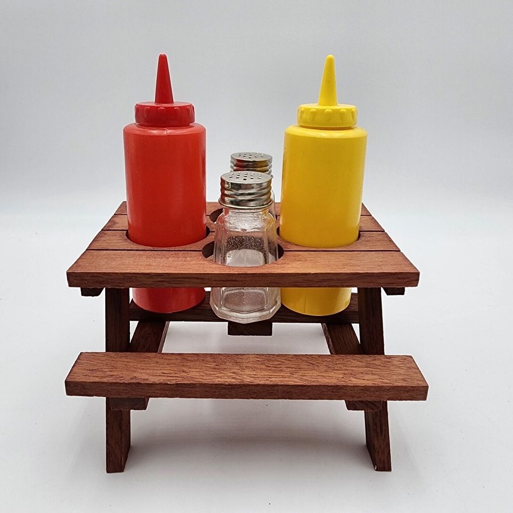 Redwood Picnic Table Condiment Set Salt Pepper Ketchup Mustard Vintage READ